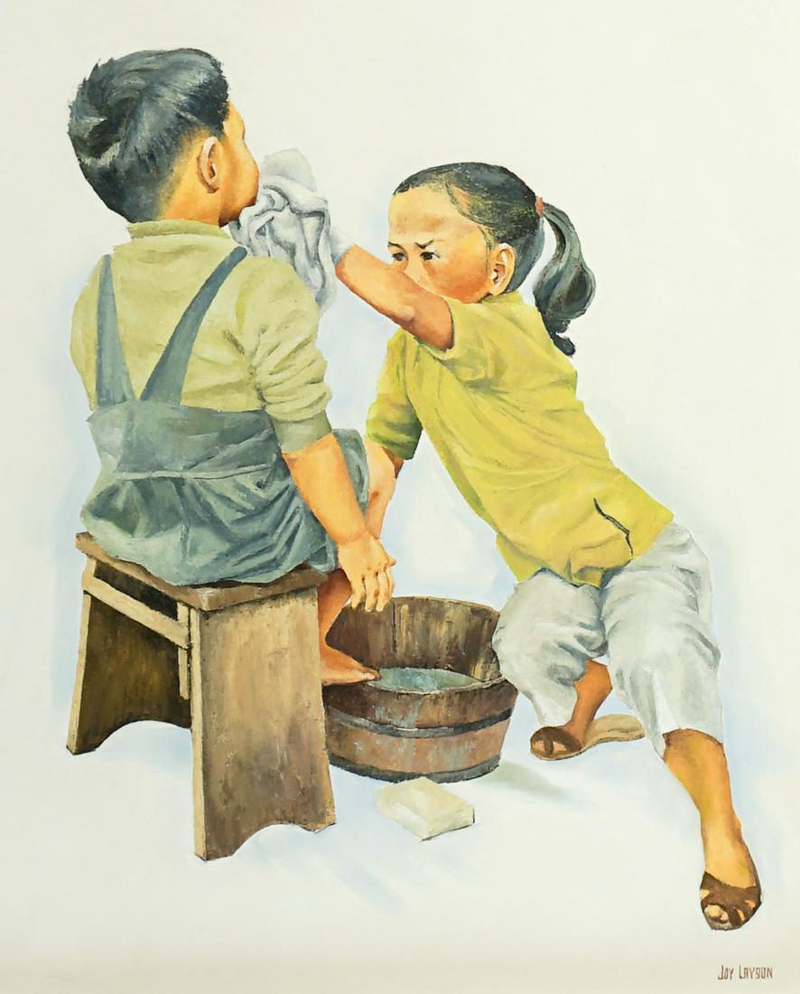 Joy Layson (1927-2010 Arizona) Oil Painting: Joy Layson (1927-2010 Arizona) framed original oil painting on board of Asian children. Signed lower right 'Joy Layson'. Measures 24 in. x 30 in. image size and 32 in. x 28 in. framed. Excellent condi