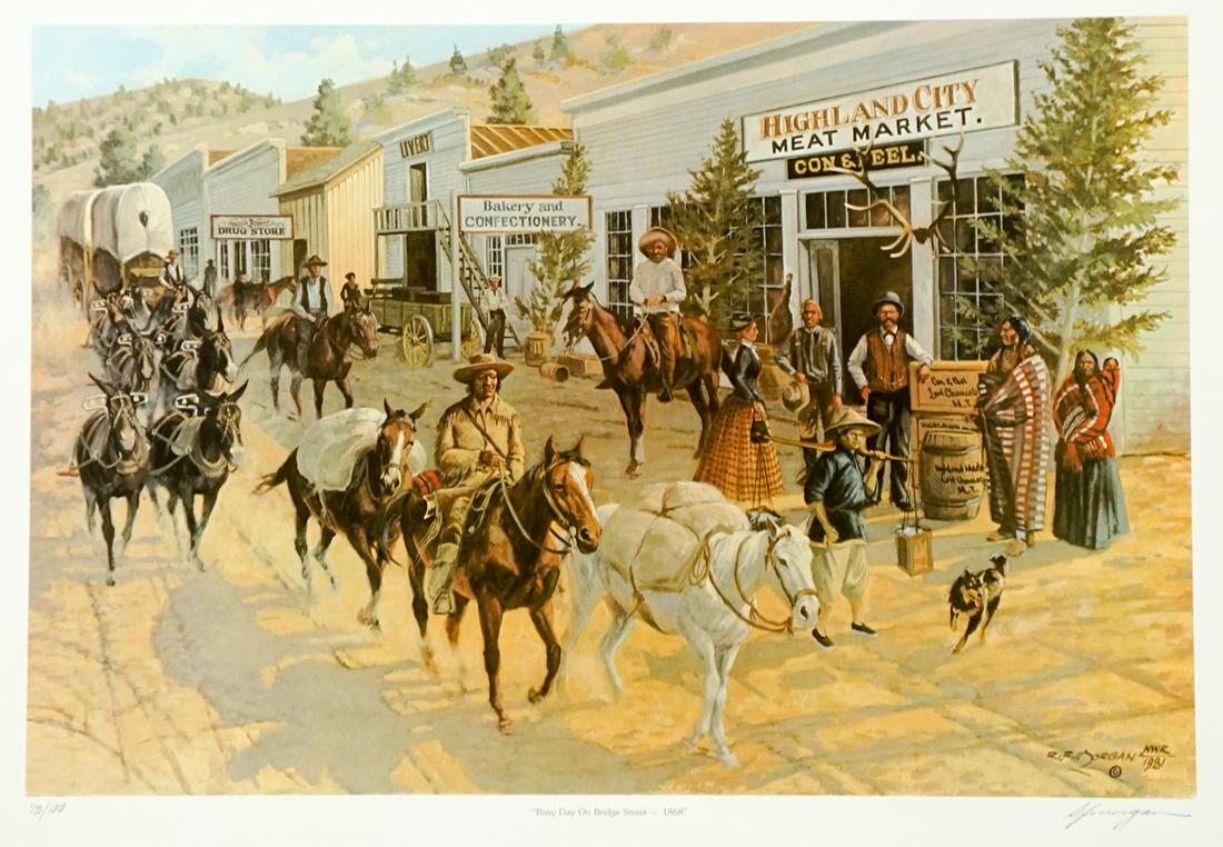 Robert F. Morgan Signed and Numbered Print: Robert F. Morgan (1929-2015 Montana) signed and numbered print. Signed in pencil 'R.F. Morgan' lower right. Numbered in pencil '73/100' lower left. Measures 21 inches x 28 inches sheet size. Near Mint