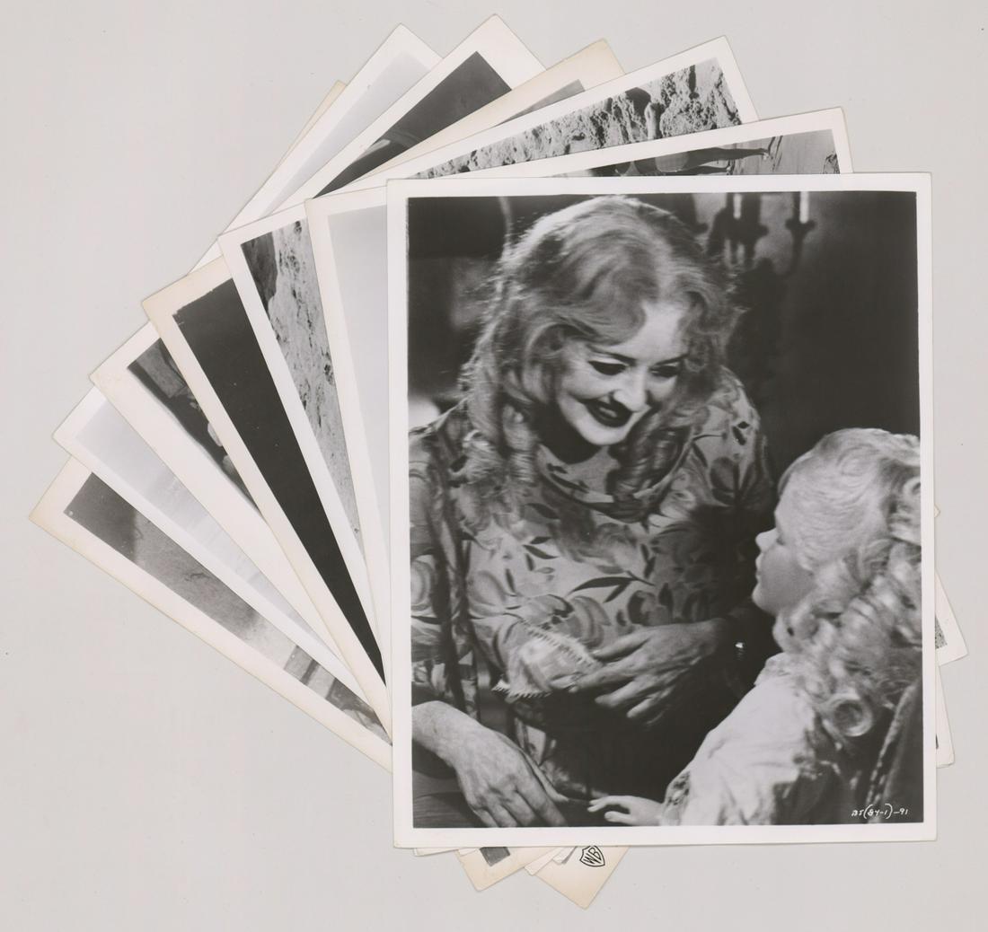 Bette Davis, Baby Jane Production Photos (8): Bette Davis and Joan Crawford, 'What Ever Happened to Baby Jane?' (Warner Bros., 1962) eight vintage production photos. Black and white single-weight glossy surface. Measure approximately 8.125 in. x 