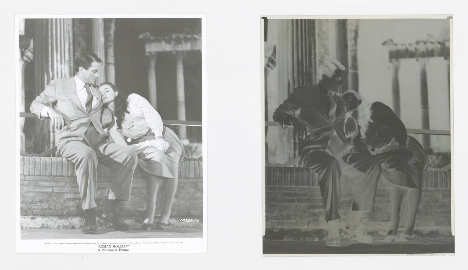 Audrey Hepburn, Roman Holiday Photo and Negative: Audrey Hepburn and Gregory Peck, 'Roman Holiday' (Paramount, 1953) vintage production photo with negative. Black and white single-weight glossy surface. Measures approximately 9.875 in. x 7.875 in. an