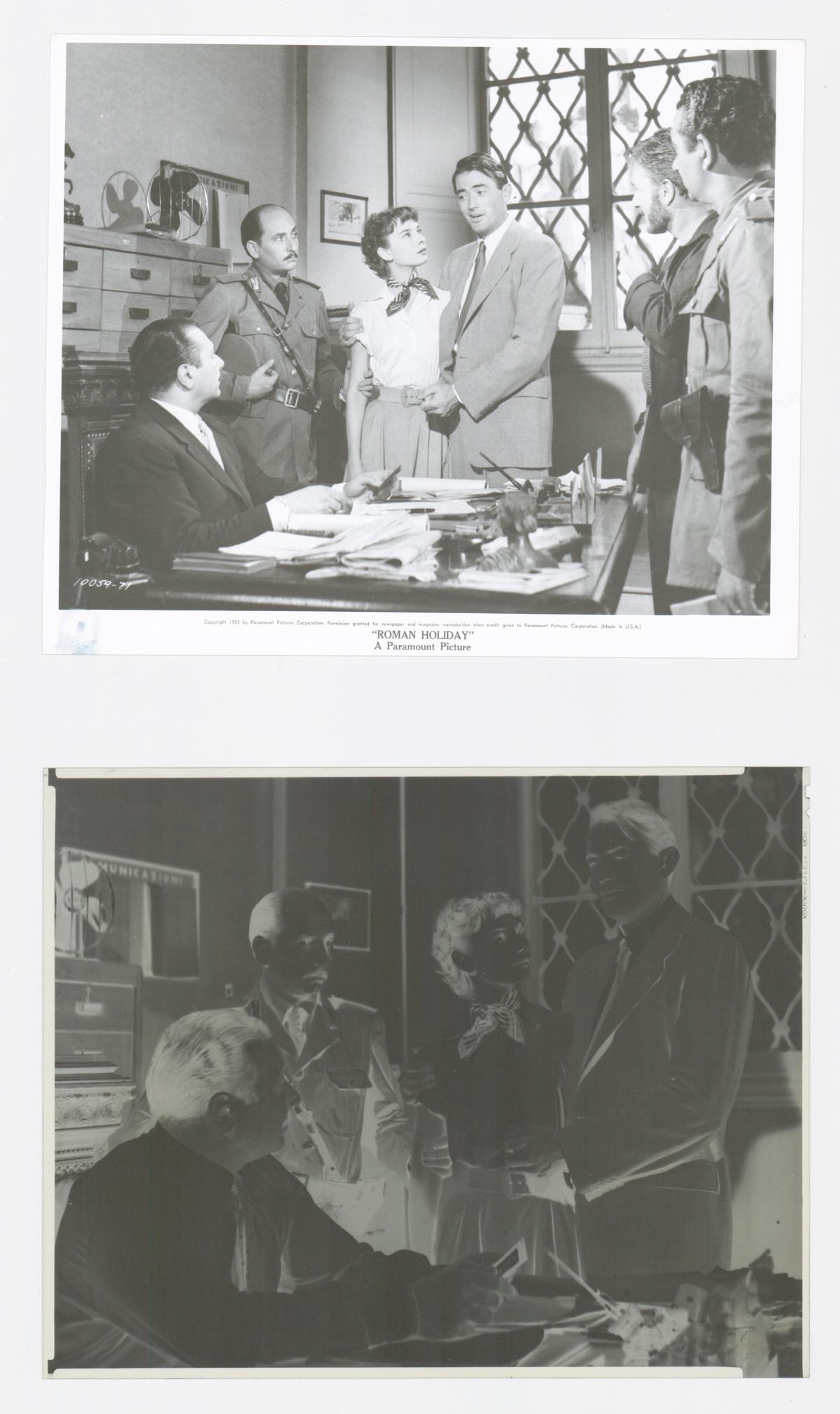 Audrey Hepburn, Roman Holiday Photo and Negative: Audrey Hepburn and Gregory Peck, 'Roman Holiday' (Paramount, 1953) vintage production photo with negative. Black and white single-weight glossy surface. Measures 8 in. x 9.75 in. and negative measures