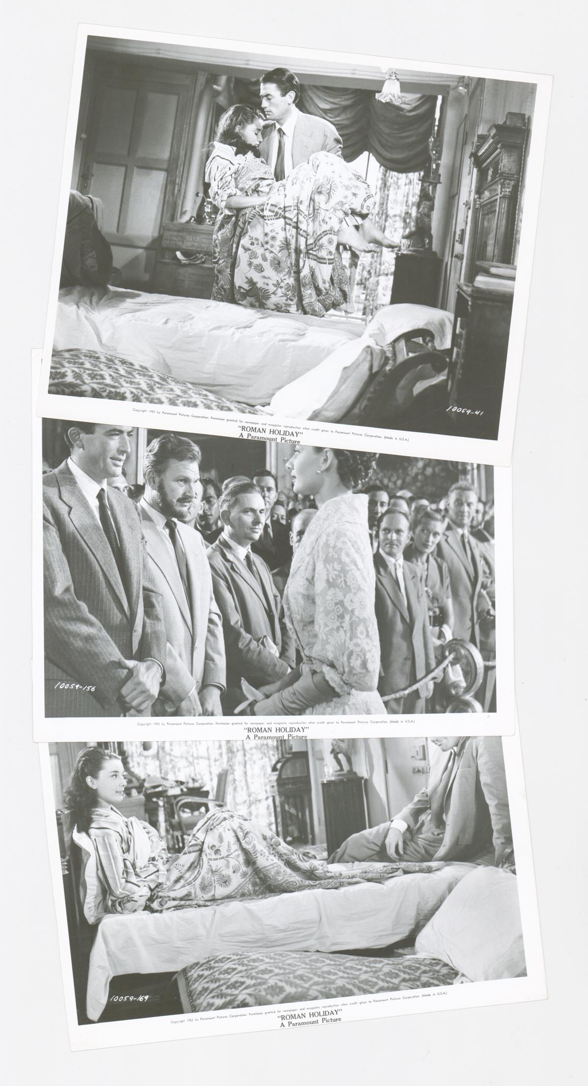 Audrey Hepburn, Roman Holiday Photos (3): Audrey Hepburn, Gregory Peck and Eddie Arnold, 'Roman Holiday' (Paramount, 1953) three vintage production photos. Black and white single-weight glossy surface. Measure approximately 8 in. x 9.75 in. P