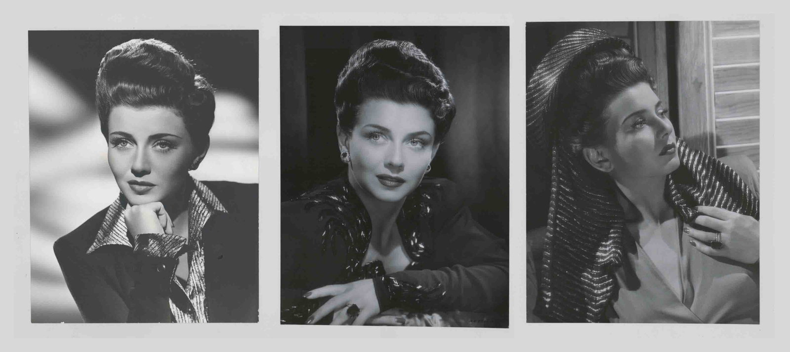 Lenore Aubert Oversized Publicity Photos (3): Lenore Aubert in They Got Me Covered, (RKO, 1943) publicity photos (3). Hal McAlpin photographers rubber stamp verso of one. Glossy surface (2) and matt surface, double-weight black and white photogra