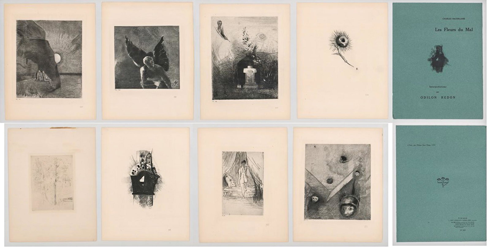 Les Fleurs du Mal Etchings [Portfolio]: Eight (all that are included are shown) etchings by Odilon Redon (France 1840 - 1916) from the 'Les Fleurs du Mal' portfolio, a series of interpretive etchings of the poems (Flowers of Evil) by Charle