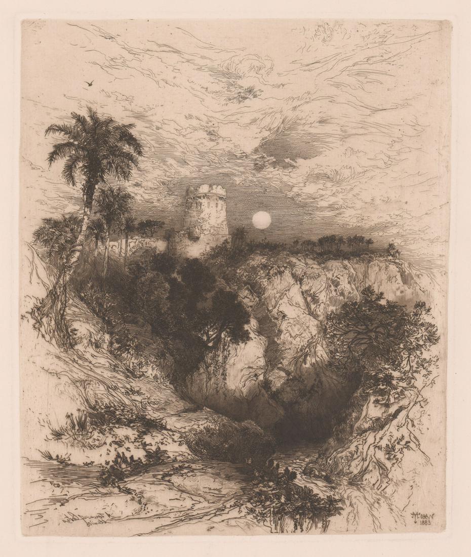 Thomas Moran Etching [Cortez, Mexico]: Thomas Moran (Pennsylvania, California 1837 - 1926) etching. Signed and dated in plate lower right. Work titled 'Tower of Cortez, Mexico.' Catalogue reference: Klackner 35. Measures 11.5-in. x 9.5-in.