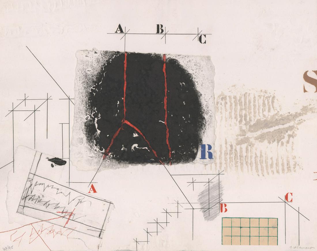 J. Coignard Embossed Carbonandum Litho [Abstract]: James Coignard (France 1925 - 2008) embossed carbonandum lithograph. Signed by artist in pencil lower right. Numbered '67/950' in pencil lower left. Measures 17.5-in. x 22.125-in. sheet size. In VG/EX