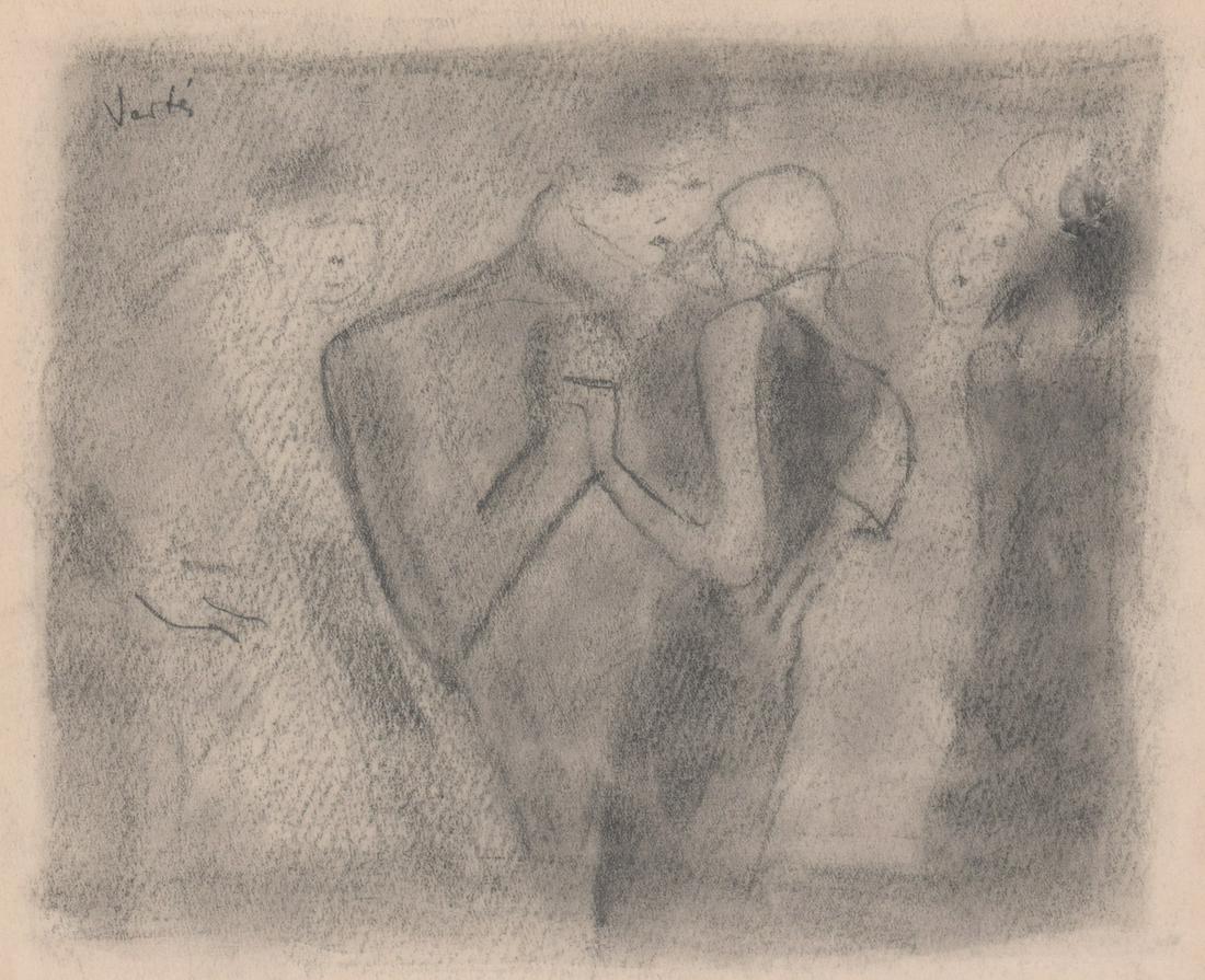 Marcel Vertes Original Charcoal [Couple Dancing]: Marcel Vertes (New York, Hungary 1895 - 1961) original charcoal. Signed by artist upper left. Measures 7.25-in. x 8.5-in. image size, 9.375-in. x 11.75-in. sheet size. In G/G+ condition, with minor pa