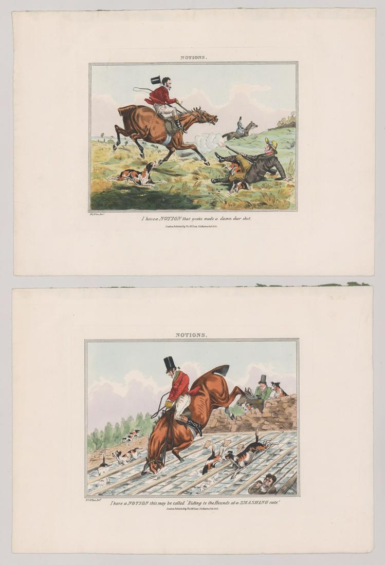 Henry Thomas Alken Sr Engravings [Hunting, Notion]: Two (2) Henry Thomas Alken Sr (England 1785 - 1851) engravings from the 'Notions' series. Both measure 8-in. x 10.125-in. image size, 11-in. x 15-in. sheet size. In G+/VG condition, with green paper r