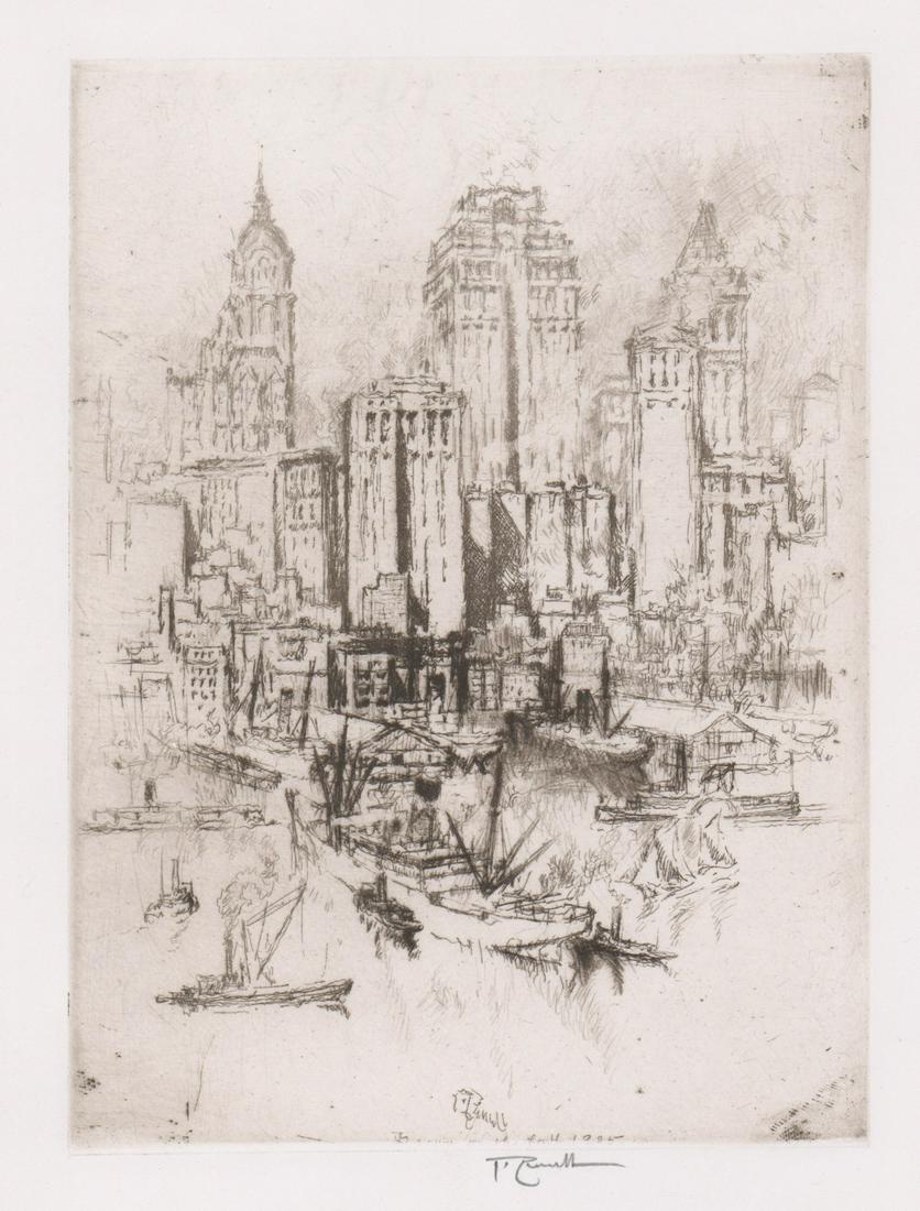 Joseph Pennell Etching [United Fruit Boat]: Joseph Pennell (Pennsylvania, New York, United Kingdom 1857 - 1926) etching. Signed by artist in pencil, lower center. Signed by artist in plate, lower center. Work also known as 'My New York.' In VG/
