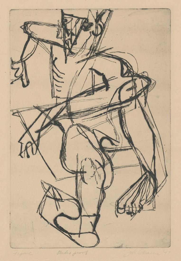 John Kacere Etching [Abstract]: John Kacere (New York, Iowa 1920 - 1999) etching. Signed and dated (47) by artist in pencil lower right. Numbered 'Studio Proof' in pencil lower center. Title 'Figure' in pencil lower left. Measures 1