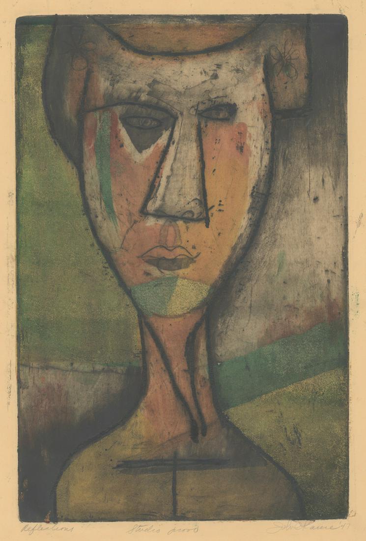 John Kacere Color Etching [Modernist, Portrait]: John Kacere (New York, Iowa 1920 - 1999) color etching. Signed and dated (47) by artist in pencil lower right. Numbered 'Studio Proof' in pencil lower center. Title 'Reflection' in pencil lower left. 