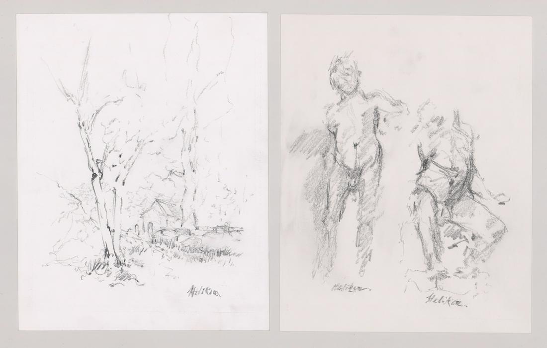 John Edward Heliker Drawings [Nudes, Landscape]: Two John Edward Heliker (New York 1909 - 2000) original drawings. Both signed by artist in pencil lower right. Both measure 11.875-in. x 9.375-in. sheet size. Both in VG/VG+ condition. Both unframed,