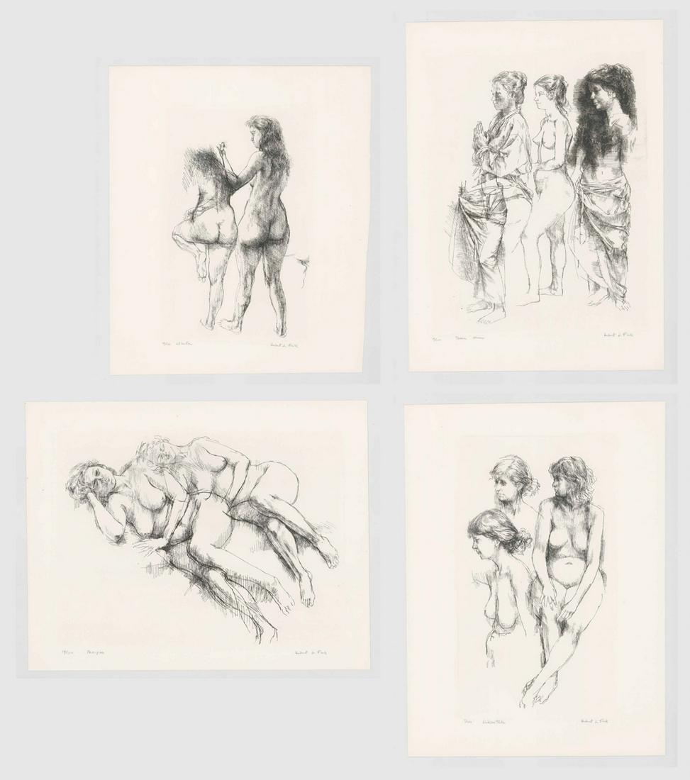 Herbert Lewis Fink Etchings [Nudes]: Four (4) Herbert Lewis Fink (Maine, Massachusetts 1921 - 2006) etchings. All signed by artist in pencil lower right. All numbered and titled in pencil lower left ('19/100 Three Women,' '16/100 Atlanta