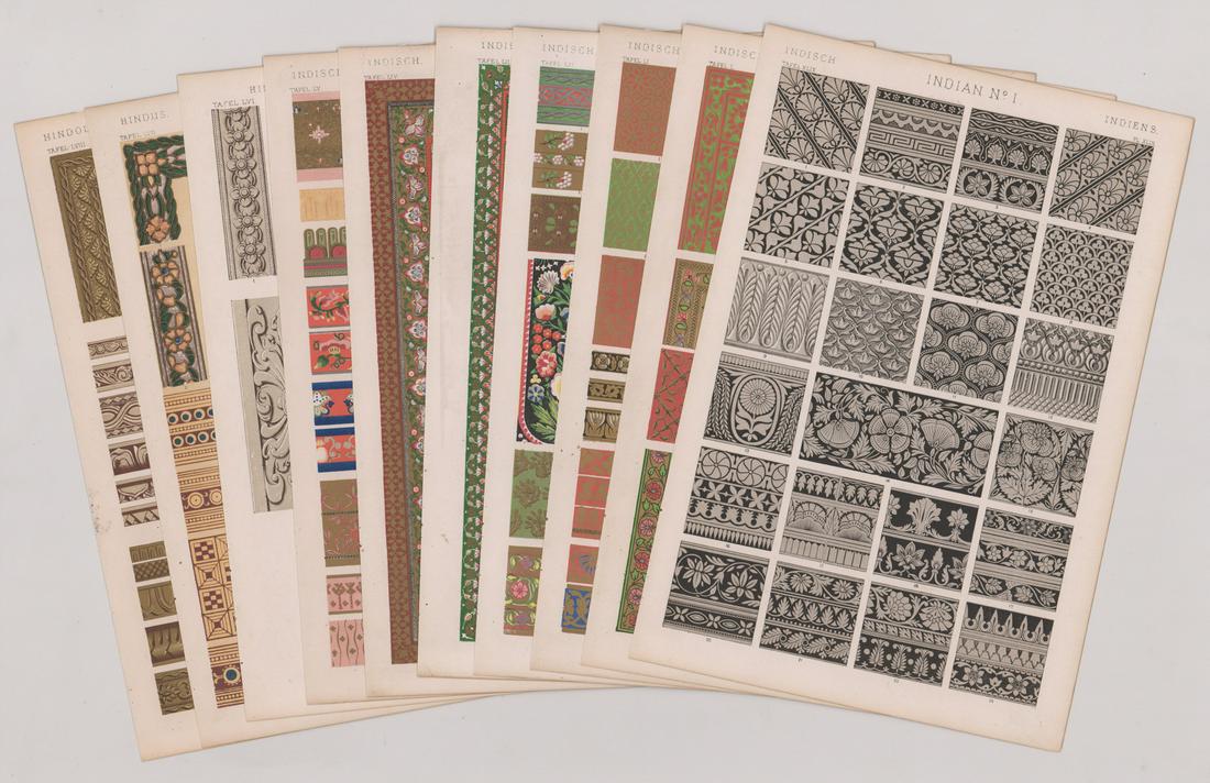 Owen Jones Grammar of Ornament [Indian, Hindoo]: Eleven (11) Owen Jones (British 1809 - 1874) 19th century chromolithographs from Grammar of Ornament, first published in 1856 (exact date of these prints unknown). Includes Indian No. 1 - Indian No. 7