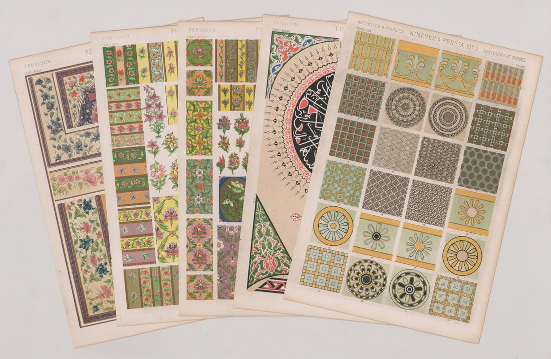 Owen Jones Grammar of Ornament [Persian, Turkish]: Five (5) Owen Jones (British 1809 - 1874) 19th century chromolithographs from Grammar of Ornament, first published in 1856 (exact date of these prints unknown). Includes Indian No. 4, No. 4* and No. 5
