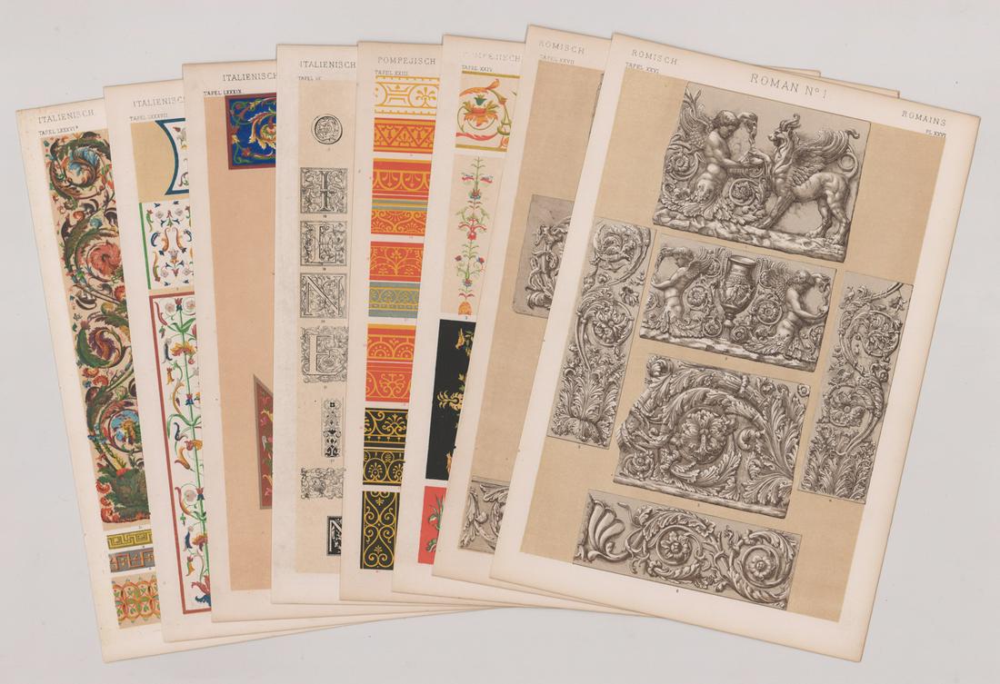 Owen Jones Grammar of Ornament [Italian, Roman]: Eight (8) Owen Jones (British 1809 - 1874) 19th century chromolithographs from Grammar of Ornament, first published in 1856 (exact date of these prints unknown). Includes Roman No. 1 and No. 2, Pompei