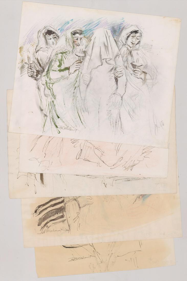 Ira Moskowitz Original Ink Drawings [Judaica]: Five Ira Moskowitz (New York, Poland 1912 - 2001) original ink drawings. All signed by artist. Smallest measures 9.875-in. x 12.25-in. sheet size, largest 11.5-in. x 14.125-in. sheet size. All in G+/V