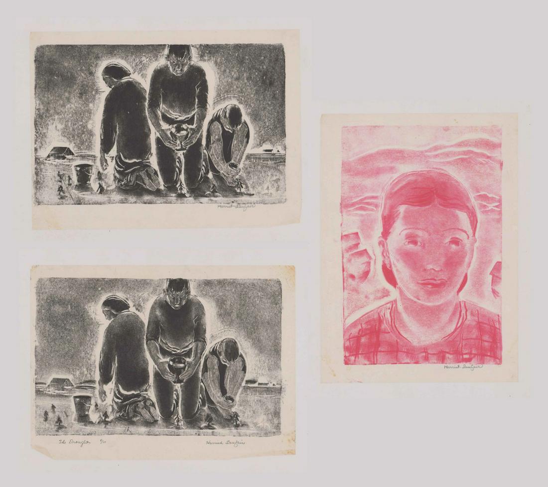 Harriet Lanfair Woodblocks [Tree, People, WPA]: Four (4) Harriet (Keese) Lanfair (California 1900 - 1988) woodblock prints (four prints, three images). All signed by artist in pencil lower right. 1) Title and numbered 'Hahe Swamp 8/8' in pencil low