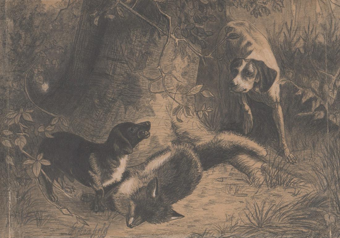 George (Smith) Armfield Original Drawing [Dogs]: George (Smith) Armfield (United Kingdom 1808 - 1893) original drawing. Pencil signed and dated (1861) lower left. Measures 7-in. x 10.375-in. sheet size. In G/VG condition with paper loss along edges,