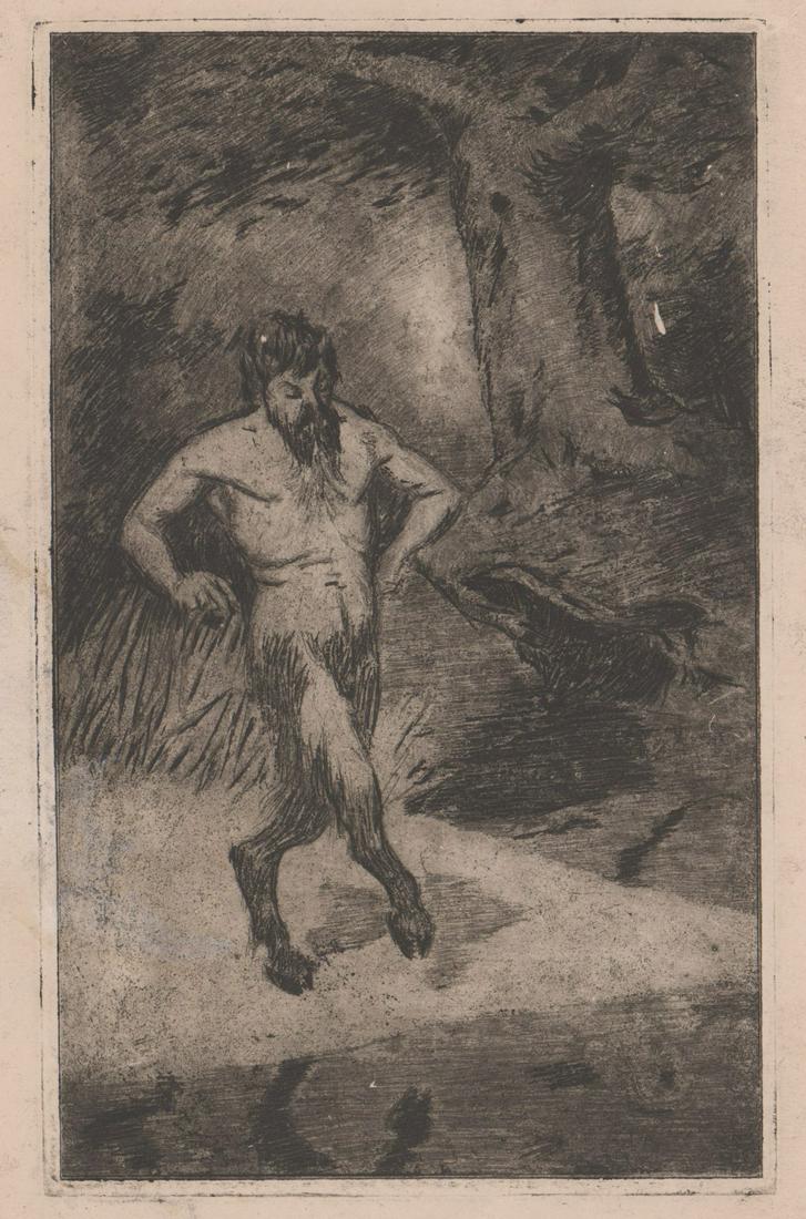 Glenn Madison Brown Etching [Faun, Satyr, Pan]: Glenn Madison Brown (Connecticut 1876 - 1938) etching. Image on left side of sheet, with artist signature on bottom of right side of sheet. On right side is included a typed stanza from a poem, crosse