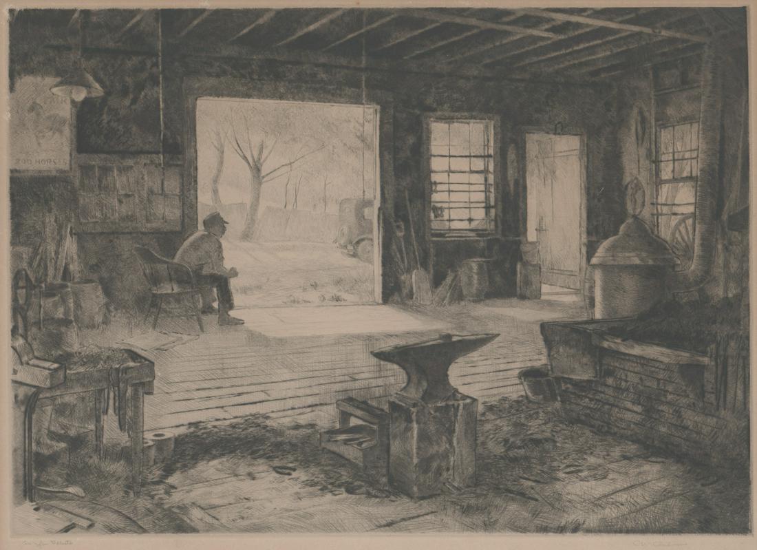 Clarence William Anderson Etching [Man in Barn]: Clarence William Anderson (New Hampshire, Nebraska 1891 - 1971) etching. Signed by artist in pencil lower right. Illegibly inscribed in pencil lower left. Sheet mounted on art board. Measures 10.75-in