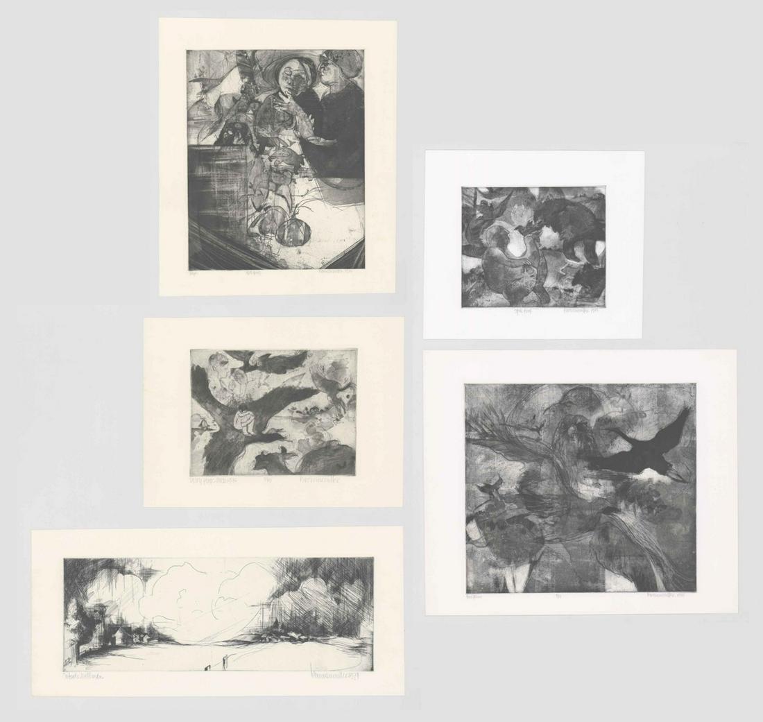 Karen Sue Miller Etchings [Abstracts]: Five (5) Karen Sue Miller etchings. All signed by artist in pencil lower right, many dated. Two numbered ('2/15' and 4/15') and two 'State Proof' in pencil lower center. Four titled ('Joseph,' 'Bird F