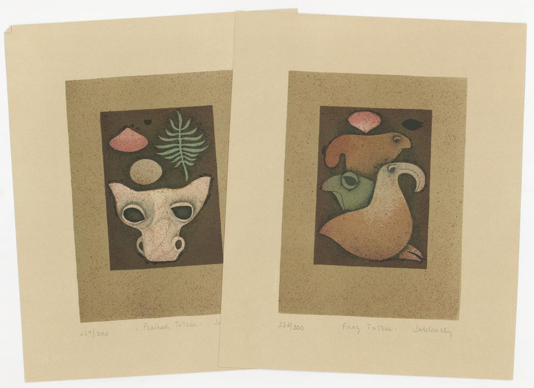 Carol Jablonsky Lithographs [Totem]: Two Carol Jablonsky (New York 1939 - 1992) totem lithographs. Both signed by artist in pencil lower right. One titled 'Frog Totem' (in pencil lower center) and is numbered '284/300' (in pencil lower l