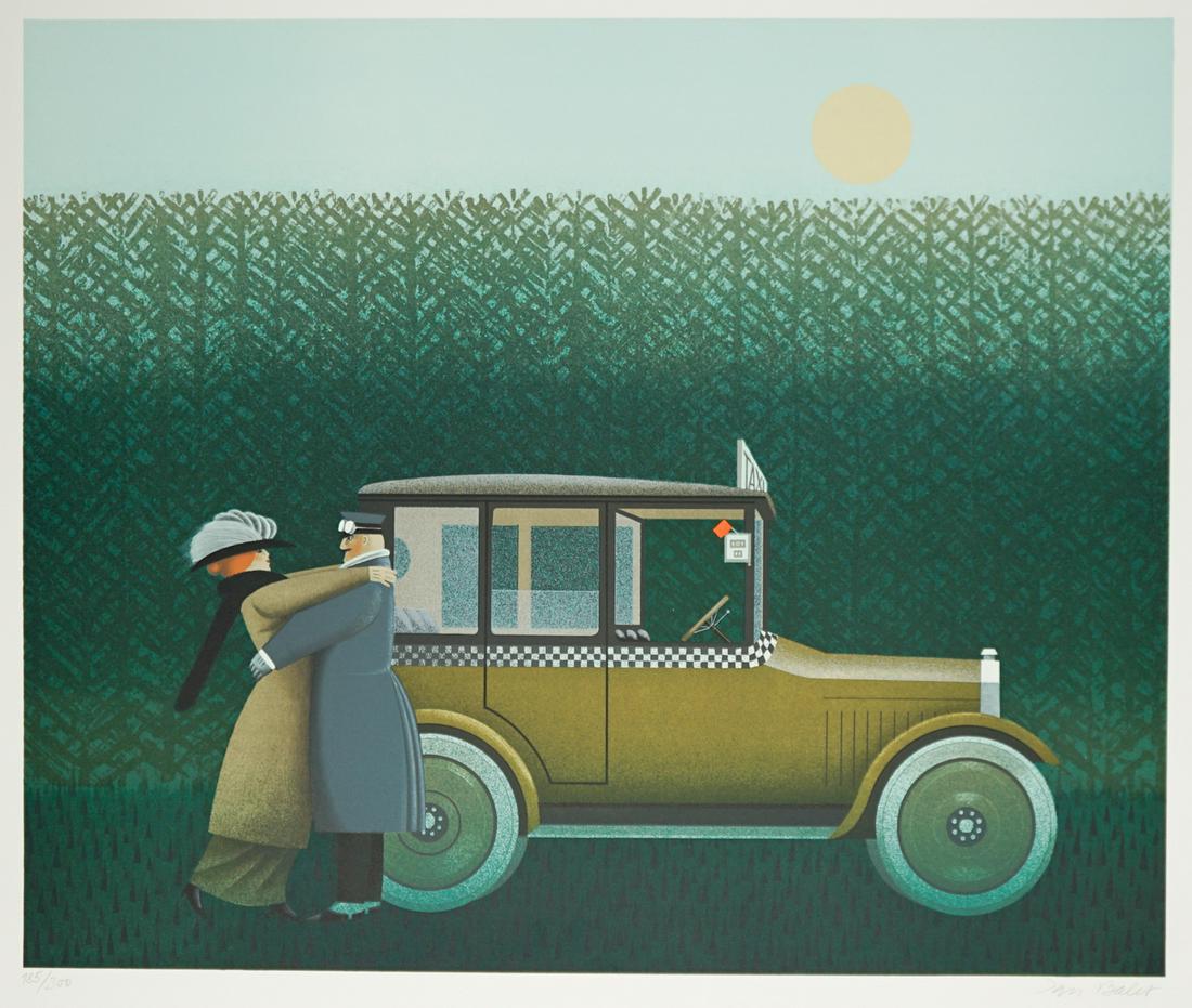 Jan B. Balet Lithograph [Taxi Ride]: Jan B. Balet (Germany, Switzerland 1913 - 2009) lithograph. Signed 'Jan Balet' in pencil lower right. Numbered '185/300' in pencil lower left. Blind stamped '(C) 1980 C.F.A. Corp' on lower left edge.