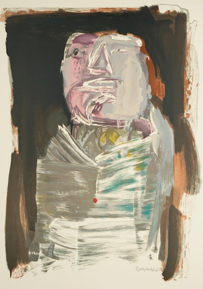 Abraham Rattner Lithograph [Abstract, Portrait]: Abraham Rattner (New York, Pennsylvania, France 1893 - 1978) lithograph. Signed by artist in pencil lower right. Number '66/100' in pencil lower left. Measures 20.5-in. x 14.5-in. image size, 25.75-in