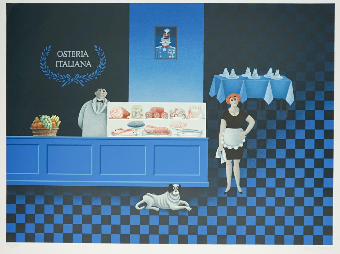 Jan B. Balet Lithograph [Osteria Italiana]: Jan B. Balet (Germany, Switzerland 1913 - 2009) lithograph. Signed 'Jan Balet' in pencil lower right. Numbered '32/300' in pencil lower left. Measures 19.625-in. x 26.75-in. image size, 22-in. x 30-in