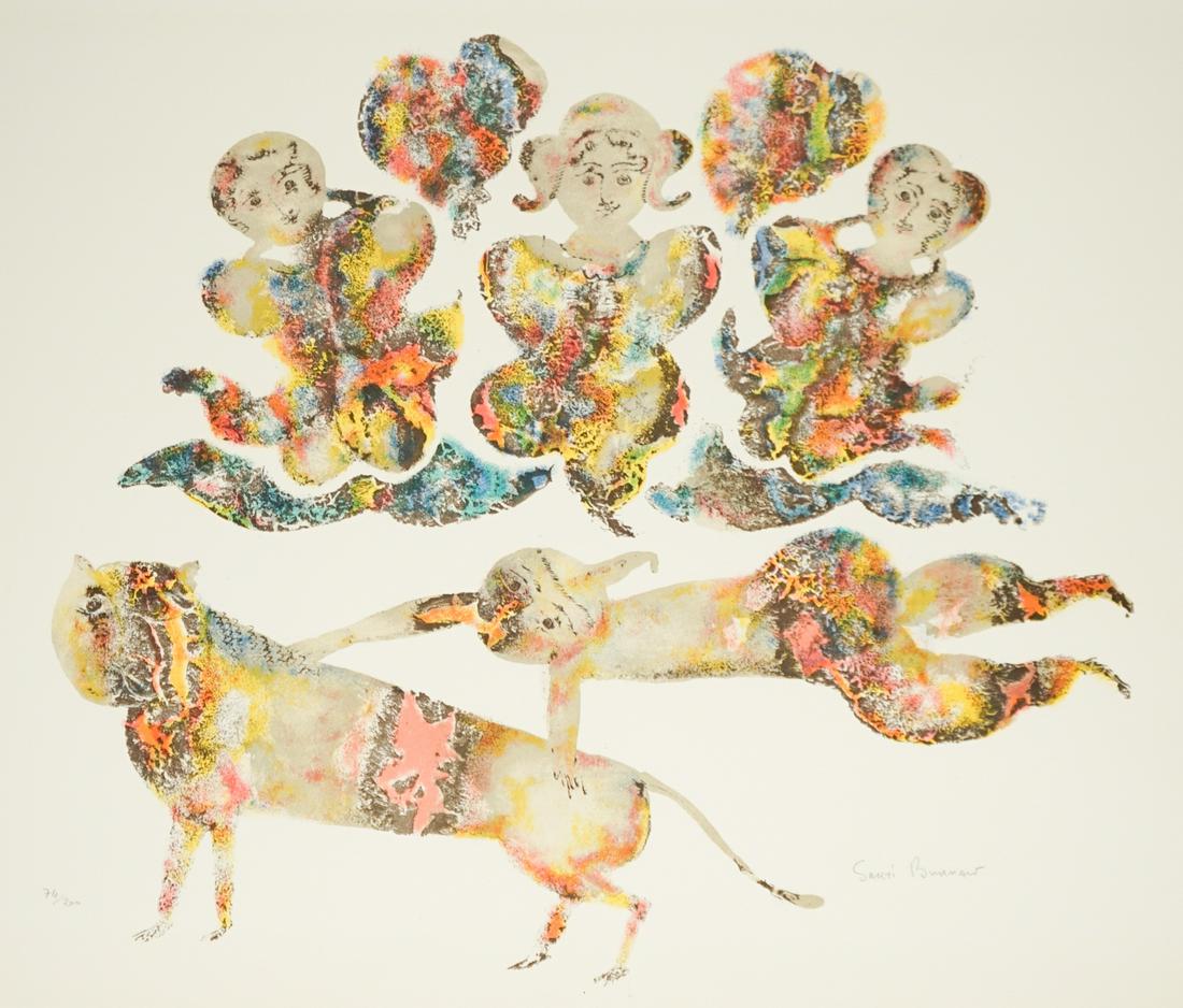 Sakti Burman Lithograph [Modernist, Animals]: Sakti Burman (France, India b. 1935) lithograph. Signed by artist in pencil lower right. Numbered '74/200' in pencil lower left. Title 'Acrobat' written on verso in pencil. Measures 17.5-in. x 20-in.