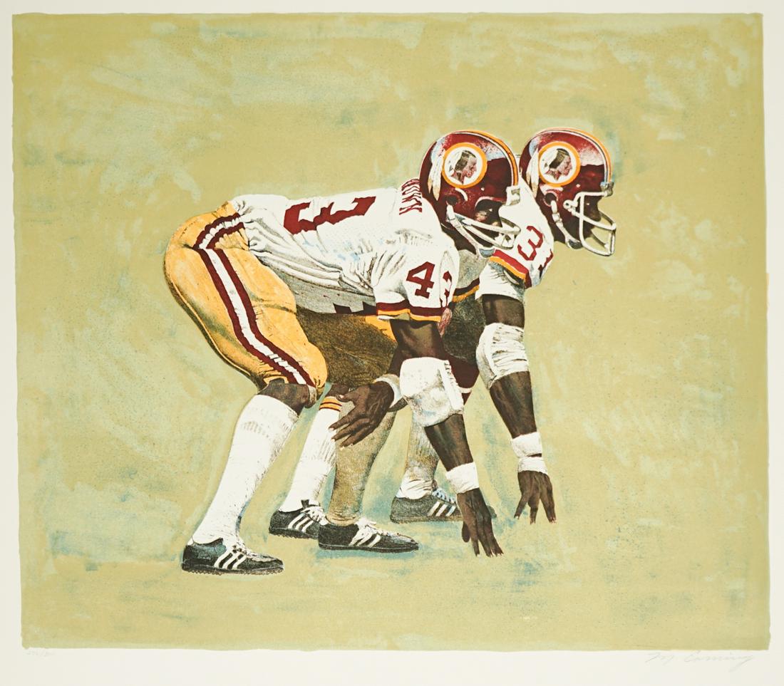 Mervin Allen Corning Lithograph [NFL, Football]: Mervin Allen Corning (California 1926 - 2006) lithograph. Signed by artist in pencil lower right. Numbered '276/300' in pencil lower left. Measures 17-in. x 20.25-in. image size, 22.625-in. x 24.625-i