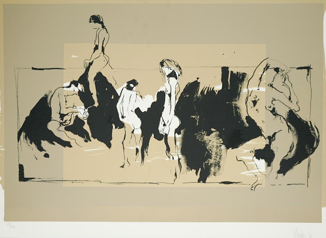 Gino Hollander Lithograph [Nudes, Abstract]: Gino Hollander (California, Colorado, Spain 1924 - 2015) lithograph. Signed and dated ('79) by artist in pencil lower right. Numbered '73/300' in pencil lower left. Measures 19.25-in. x 27-in. image s