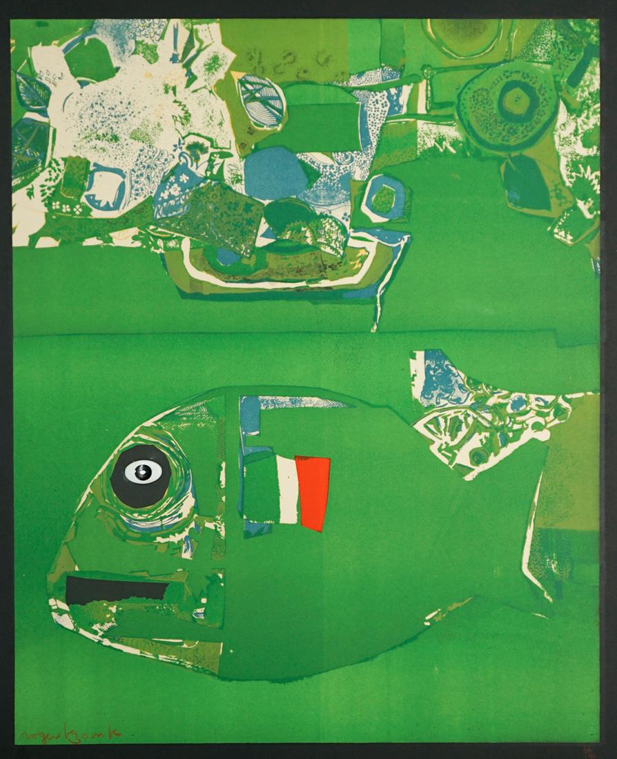 Roger Bezombes Mixed Media [Abstract, Green Fish]: Roger Bezombes (France 1913 - 1994) mixed media on paper. Signed by artist lower left. Numbered '12/150' lower right. Fish eye is plastic 3-D 'button-like' object. Measures 21.5-in. x 17.375-in. image