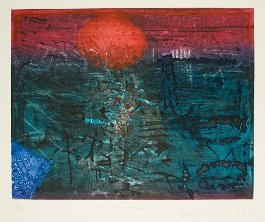 Moo Chew Wong Color Etching [Abstract]: Moo Chew Wong (Malaysia b. 1942) color etching on paper. Signed by artist lower right. Numbered '59/75' lower left. Title indiscernible in pencil lower center. Measures 14.625-in. x 18.5-in. image siz
