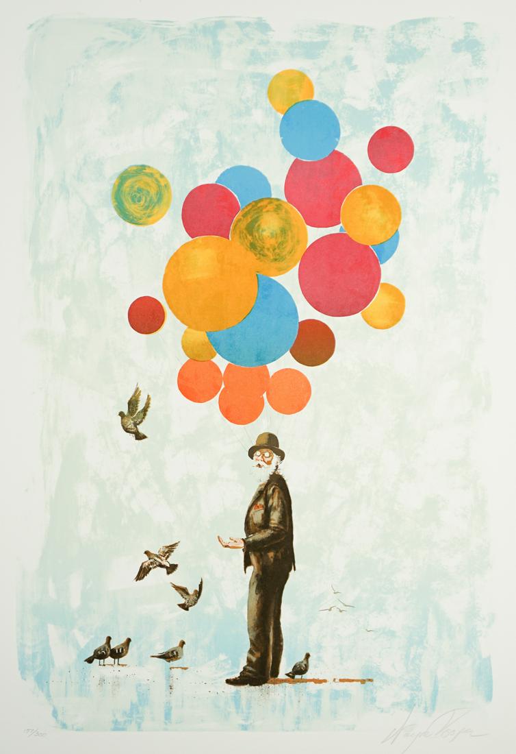 Wayne Cooper Lithograph [Balloons]: Wayne Cooper lithograph. Signed in pencil lower right. Number '157/300' in pencil lower left. Measures 23.375-in. x 15.75-in. image size, 26-in. x 18.25-in. sheet size. In VG/EX condition. If lot is a