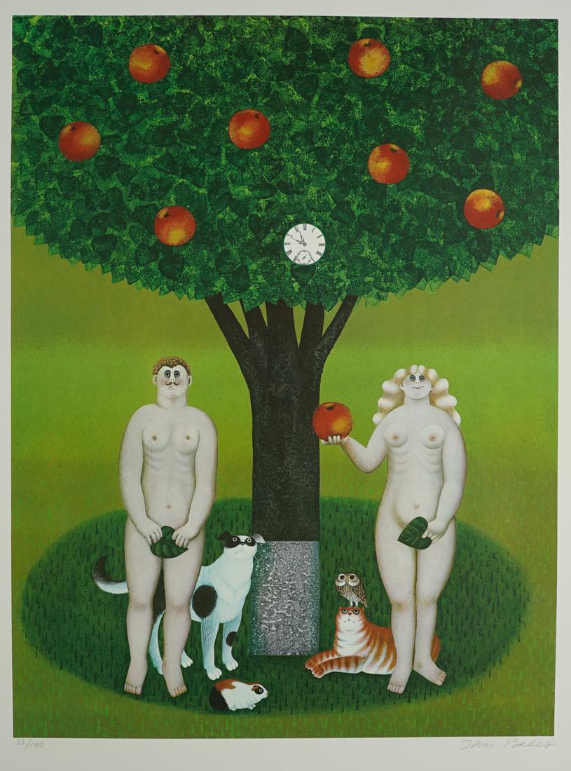 Jan B. Balet Lithograph [Adam and Eve]: Jan B. Balet (Germany, Switzerland 1913 - 2009) lithograph. Signed 'Jan Balet' in pencil lower right. Numbered '37/140' in pencil lower left. Measures 23.75-in. x 18-in. image size, 32.25-in. x 23.5-i