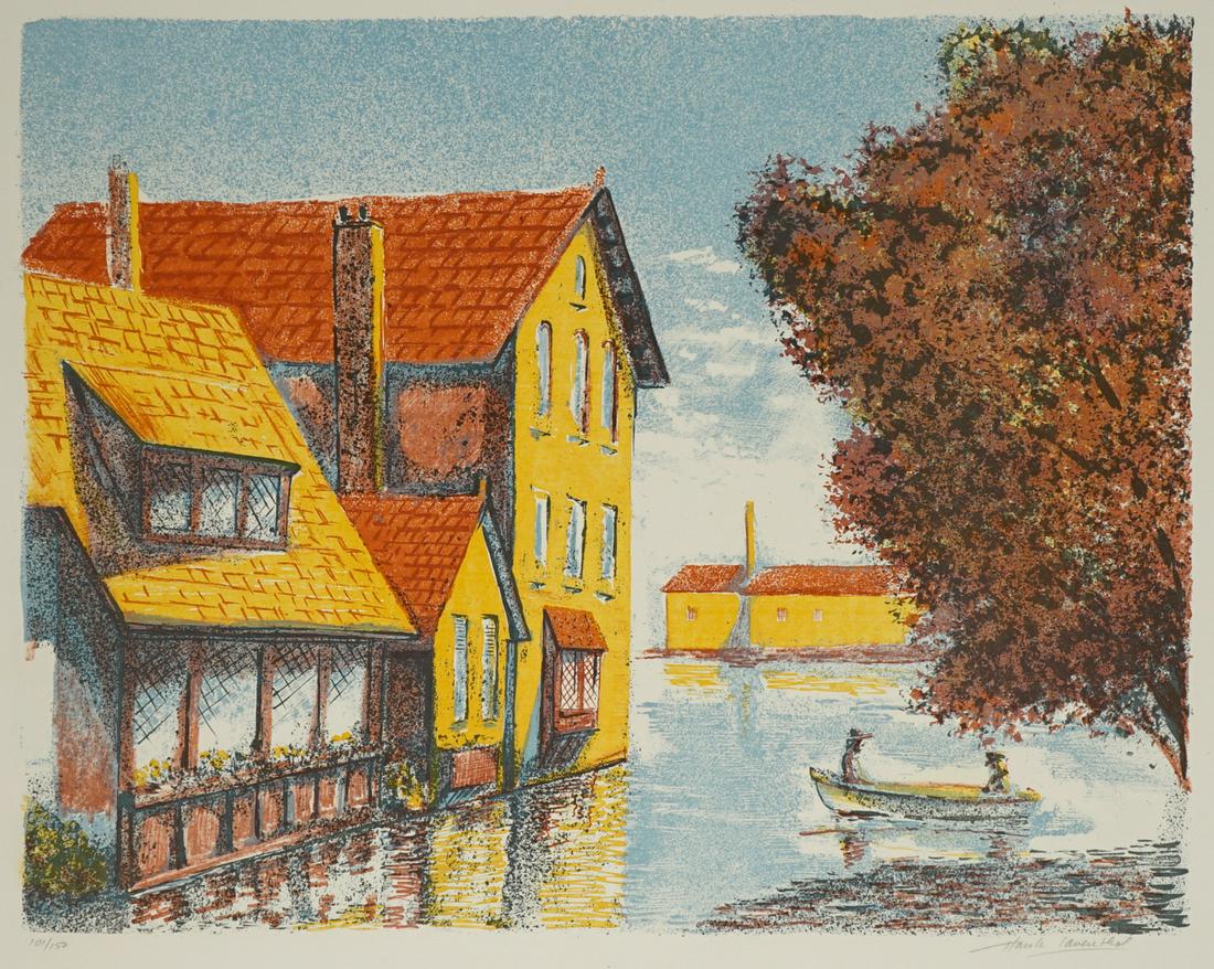 Hank Laventhol Lithograph [Houses on Water]: Hank Laventhol (Pennsylvania 1927 - 2001) lithograph. Signed by artist in pencil lower right. Numbered '101/150' in pencil lower left. Measures 14.125-in. x 18-in. image size, 19.375-in. x 25.375-in.