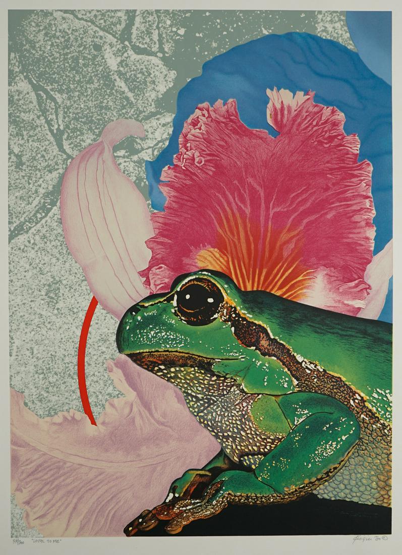 Michael Jay Knigin Lithograph [Frog]: Michael Jay Knigin (New York, Connecticut b. 1942) lithograph. Signed and dated ('80 (C)) by artist in pencil lower right. Number and title '194/300 Loyal to Me' in pencil lower left. Measures 26.5-in