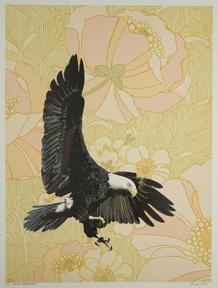 Michael Jay Knigin Lithograph [AP, Eagle]: Michael Jay Knigin (New York, Connecticut b. 1942) lithograph. Signed and dated ('79 (C)) by artist in pencil lower right. Number and title 'AP Fabled Ambassador' in pencil lower left. Measures 24.5-i