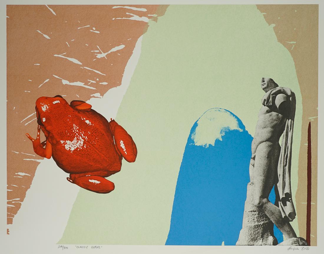 Michael Jay Knigin Lithograph [Frog]: Michael Jay Knigin (New York, Connecticut b. 1942) lithograph. Signed and dated ('81 (C)) by artist in pencil lower right. Number and title '214/300 Classy Rebel' in pencil lower left. Measures 19.5-i