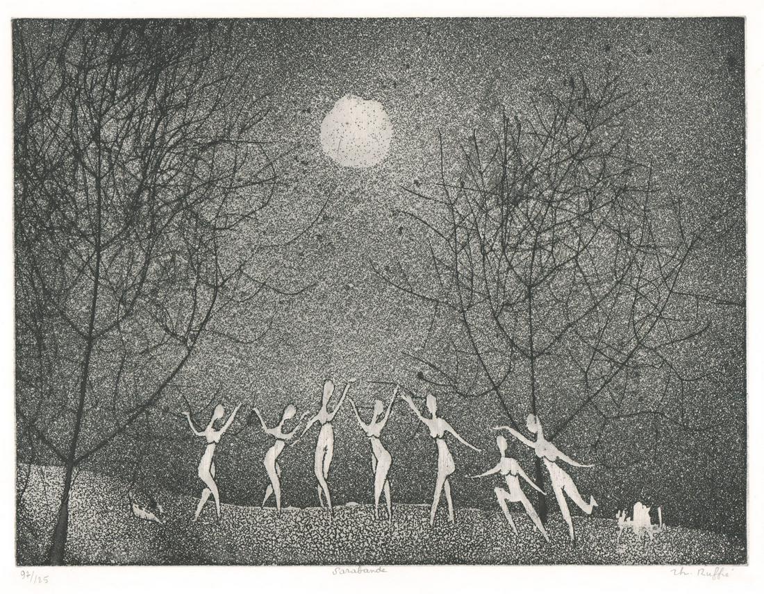 Therese Ruffie de Longueval Aquatint [Dancers]: Therese Ruffie de Longueval (France b. 1923) aquatint. Signed by artist ('Th Ruffie') lower right. Title 'Sarabande' in pencil lower center. Number '97/125' in pencil lower left. Printed on thick arch