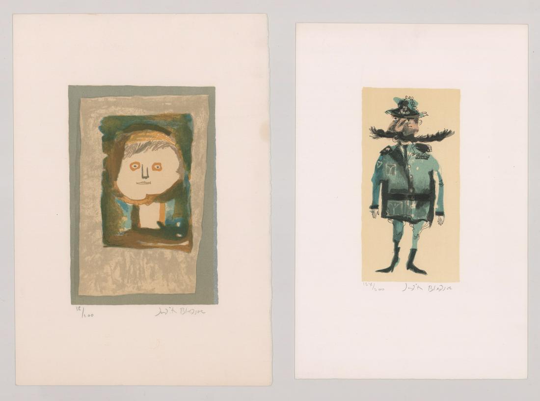 Judith Bledsoe Lithographs [Boy, Man]: Two (2) Judith Bledsoe (California, Europe b. 1938) lithographs in colors. Both signed 'Judith Bledsoe' in pencil lower right. Both numbered (38/200 and 127/200) in pencil lower left. Smallest measure