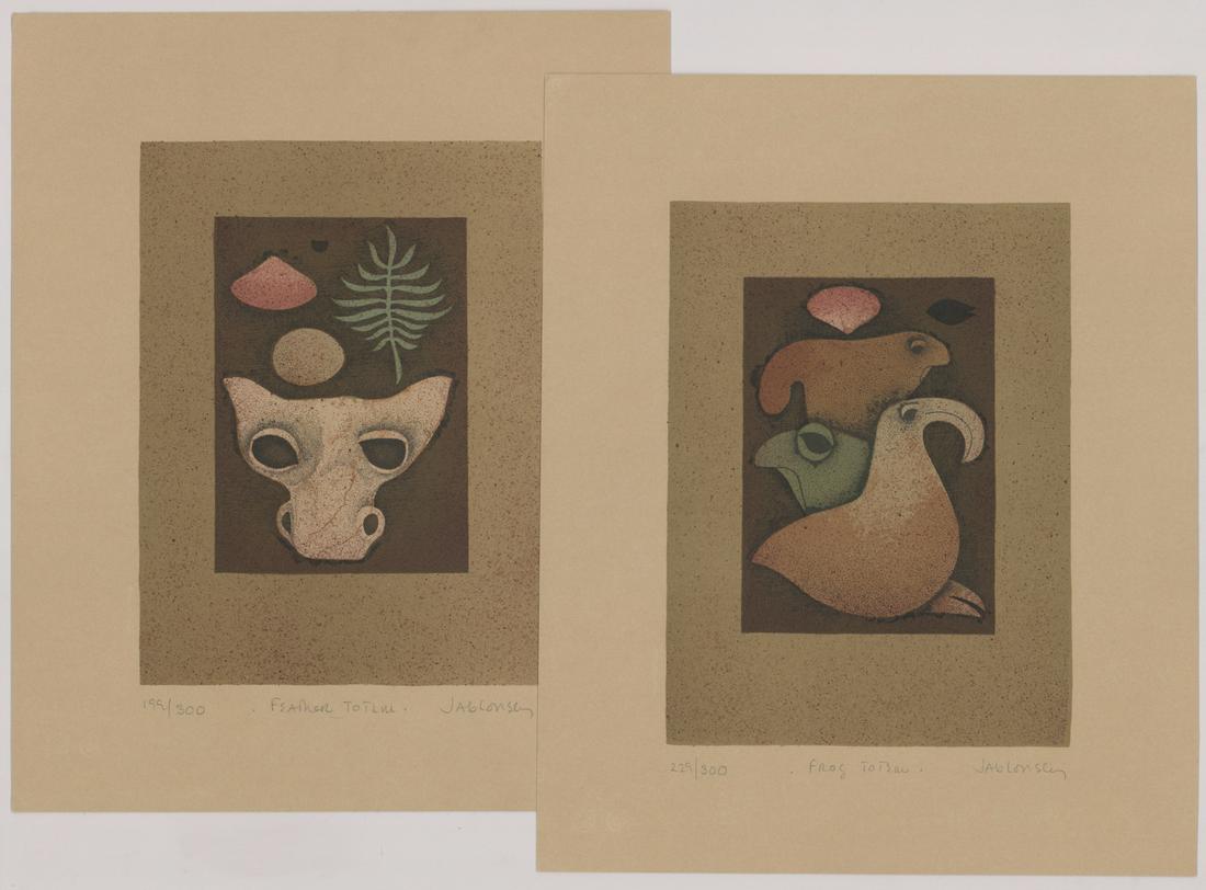 Carol Jablonsky Lithographs [Totem]: Two (2) Carol Jablonsky (New York 1939 - 1992) Totem lithographs. Both signed 'Jablonsky' in pencil lower right. Title 'Frog Totem' numbered '229/300' in pencil. Title 'Feather Totem' numbered '199/30