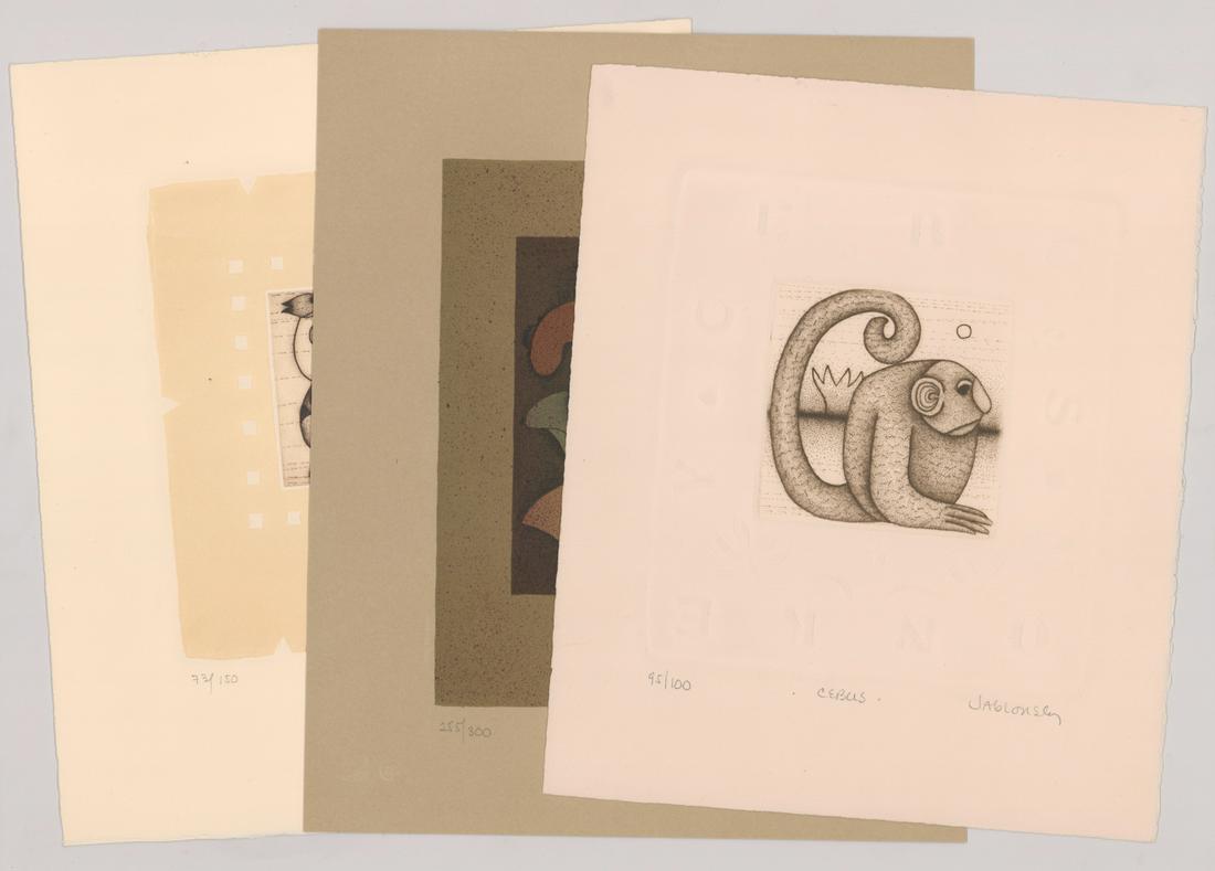 Carol Jablonsky Lithographs [Various]: Three (3) Carol Jablonsky (New York 1939 - 1992) lithographs. All signed 'Jablonsky' in pencil lower right. Title 'Cebus' numbered '95/100' in pencil, includes embossing. Title 'From Totem' numbered '