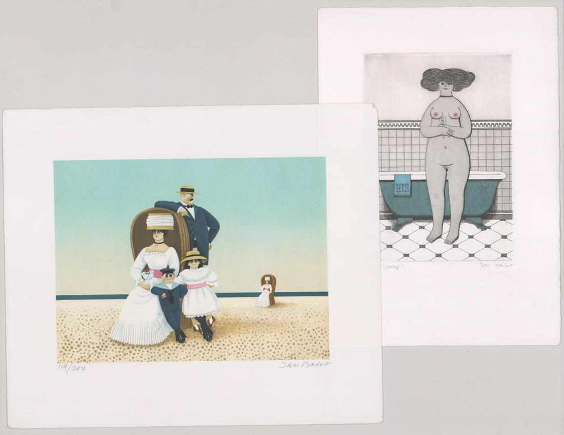 Jan B. Balet Lithographs [Nude, Family]: Two Jan B. Balet (Germany, Switzerland 1913 - 2009) lithographs in colors. Both signed 'Jan Balet' in pencil lower right. The nude is numbered and titled '3/100 Spring' in pencil lower left. It measur