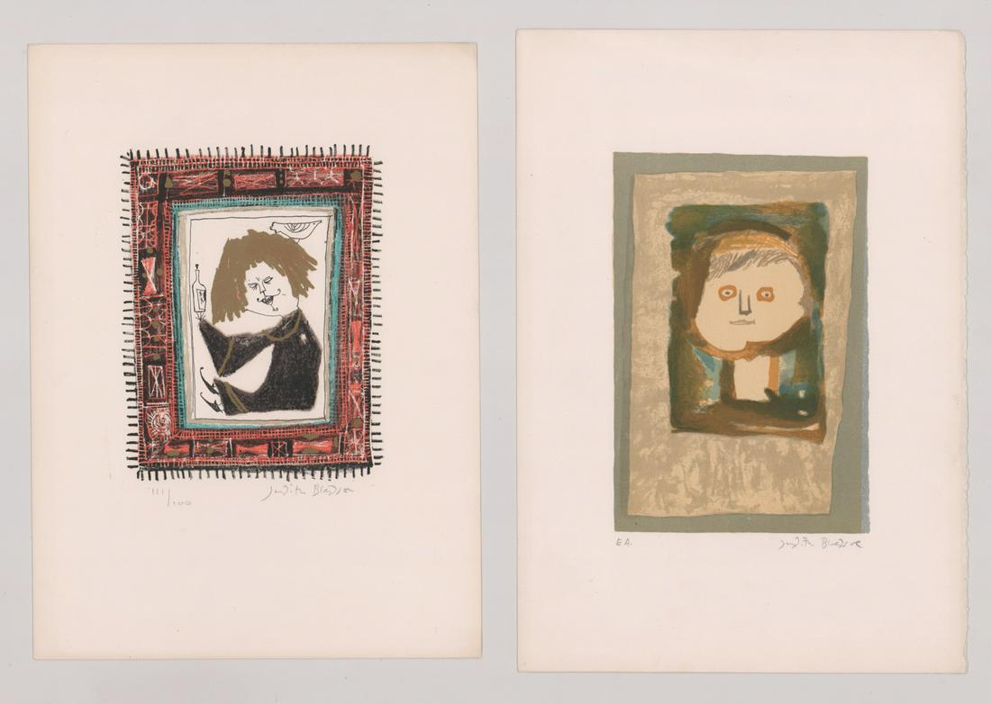 Judith Bledsoe Lithographs [Boy, Woman]: Two (2) Judith Bledsoe (California, Europe b. 1938) lithographs in colors. Both signed 'Judith Bledsoe' in pencil lower right. Both numbered ('E.A' and 111/100) in pencil lower left. The artist proof