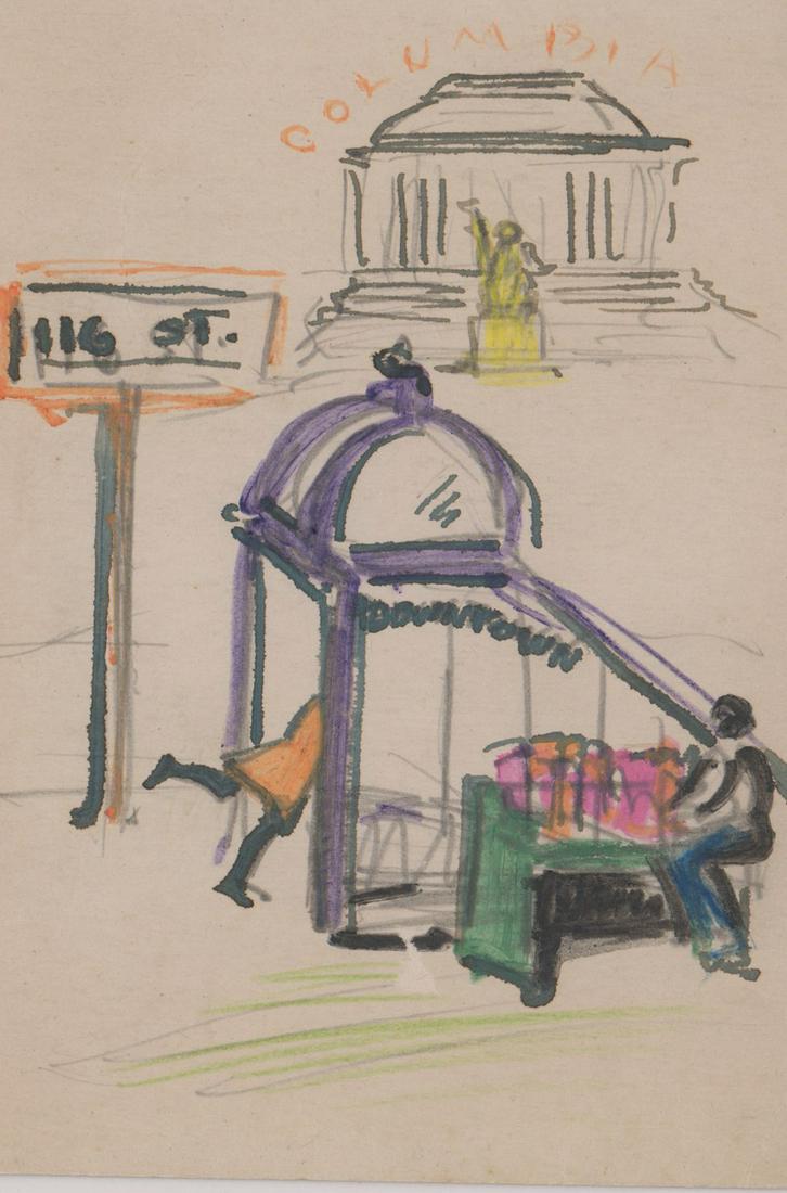 Virginia True Original Gouache [Street Scene]: Virginia True (Colorado, Massachusetts, Missouri 1900 - 1989) small original gouache with estate stamp verso. Measures 5.625-in. x 4-in. There are creases throughout and some paper loss lower center.