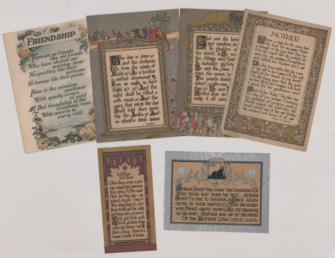Various Mottos [Mother, Home, Friends]: Six (6) beautifully colored mottos of sayings by Edgar A. Guest, Longfellow and Reinthal Newman. Five are beautifully embossed with gold and/or silver gilding. Smallest measures 7.875-in. x 4-in. shee