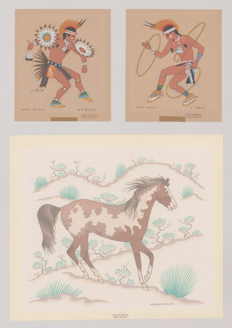 Harrison Begay Silk Screens [Native Americana]: Three (3) Harrison (Haskay Yahne Yah) Begay (Arizona, New Mexico 1914 - 2012) silk screens. All three signed in plate lower right. All three identified as 'Silk Screen Reproductions' in stamp at botto